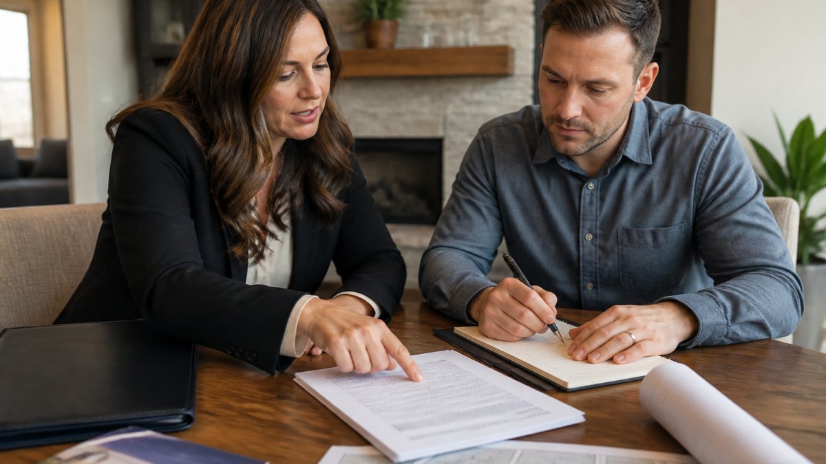 Real estate agent and homebuyer reviewing contract terms to learn how to win a bidding war on a new house.