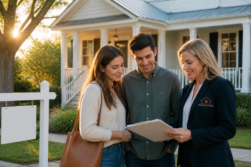 A young couple standing outside a Charleston-style single house with a 'For Sale' sign, a real estate agent beside them reviewing paperwork, warm late-afternoon light