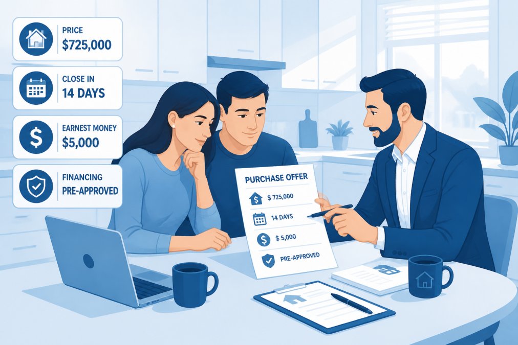 Homebuyer and real estate agent reviewing a purchase offer document at a kitchen table with a laptop, papers, and coffee cups in natural morning light