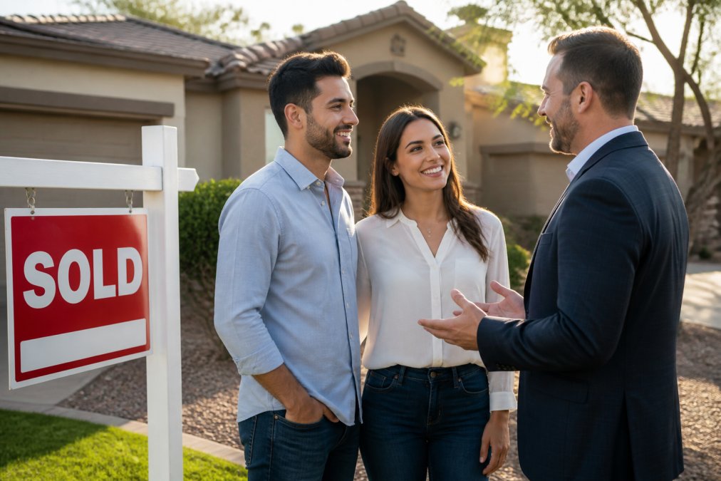 Real estate agent meeting with a young couple in front of a Gilbert home with a sold sign in the yard, professional attire, afternoon sunlight