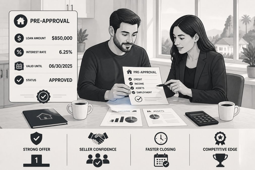 Homebuyer and real estate agent reviewing mortgage pre-approval letter and financial documents at a kitchen table with coffee, natural morning light streaming through windows
