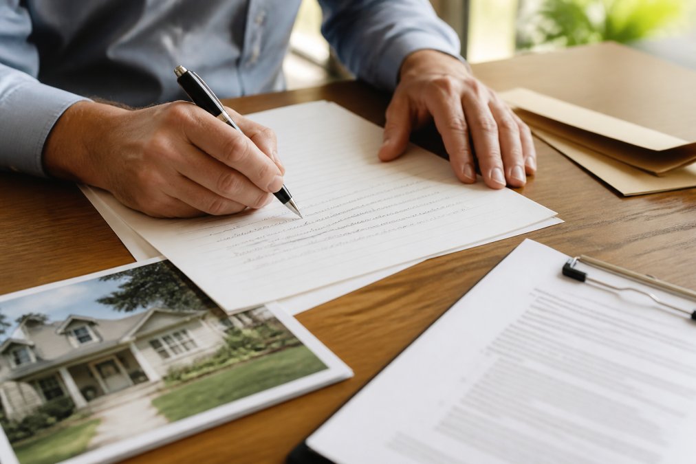 Close-up of hands writing a personal letter with a pen on a wooden desk, with a house photo and offer documents nearby in soft natural light