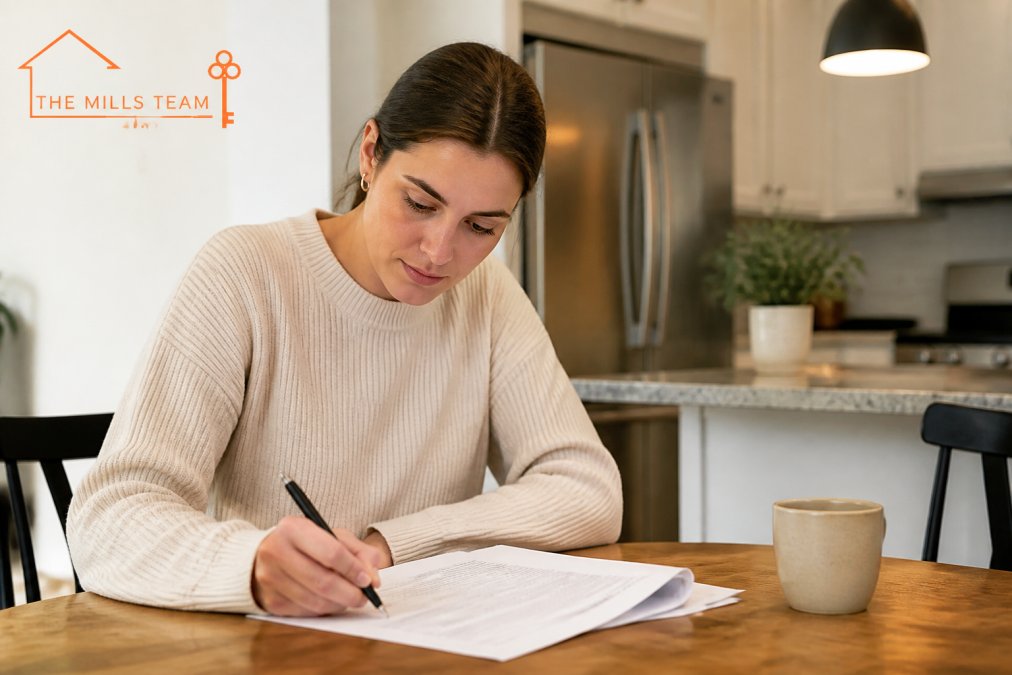 First-time homebuyer at a kitchen table reviewing documents and signing paperwork with a cup of coffee nearby, focused and determined expression