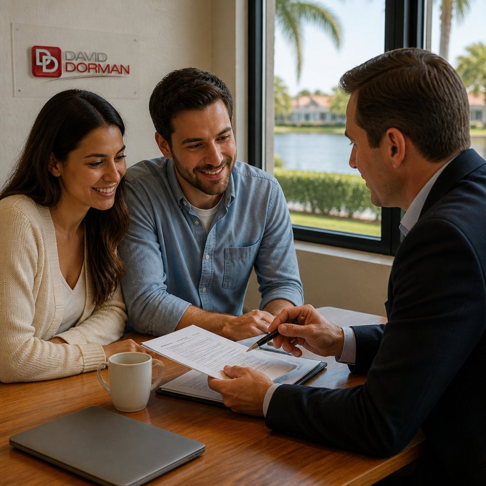 Professional mortgage lender sitting at desk with first-time homebuyer reviewing pre-approval documents and discussing financing options, with natural office lighting