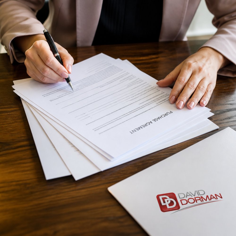 Close-up of hands signing a real estate purchase agreement at a table with pen and documents visible, papers slightly fanned out