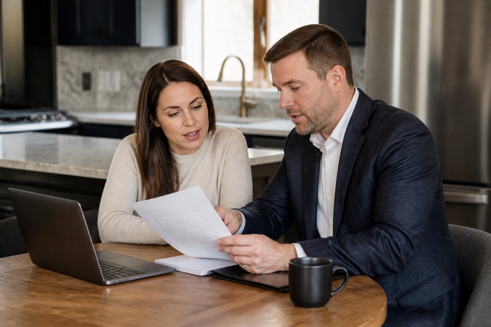 Real estate agent and first-time homebuyer reviewing offer documents at a kitchen table with laptop and coffee, both focused and engaged in discussion