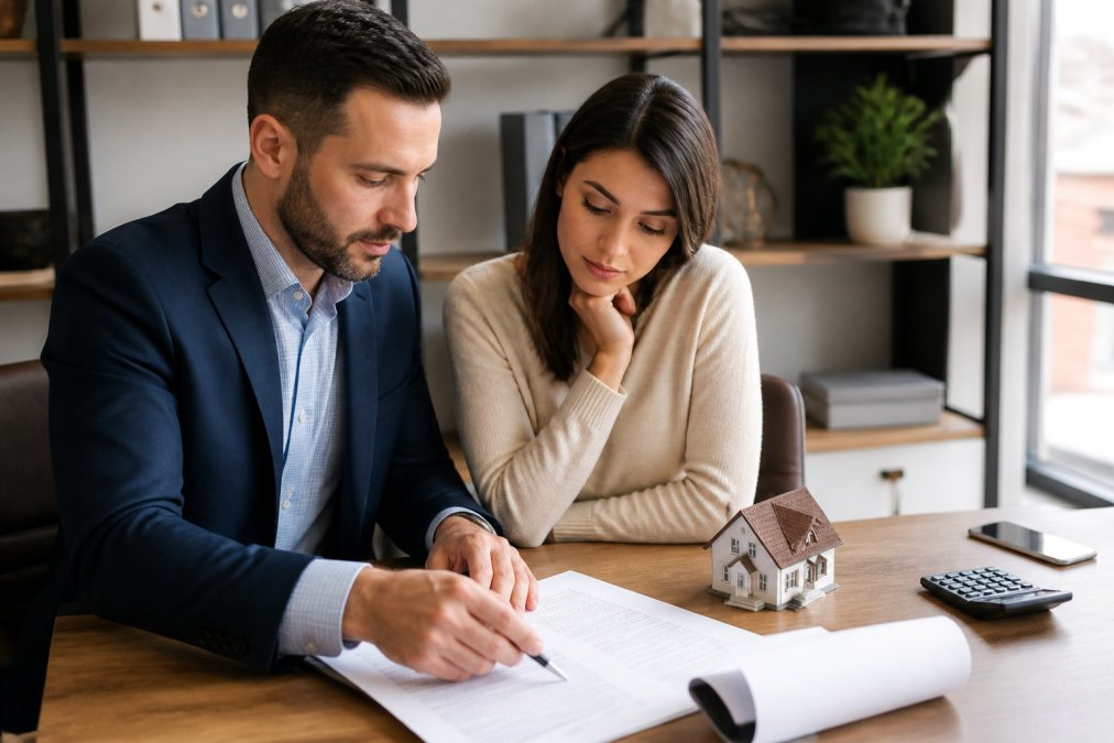 Real estate agent and buyer reviewing a purchase agreement and earnest money deposit details at a desk with paperwork and a pen, natural office lighting