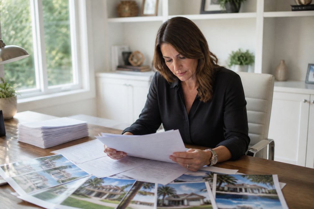 A real estate agent reviewing a stack of printed offer documents at a desk covered in property listings, with a laptop open and natural window light filling the room