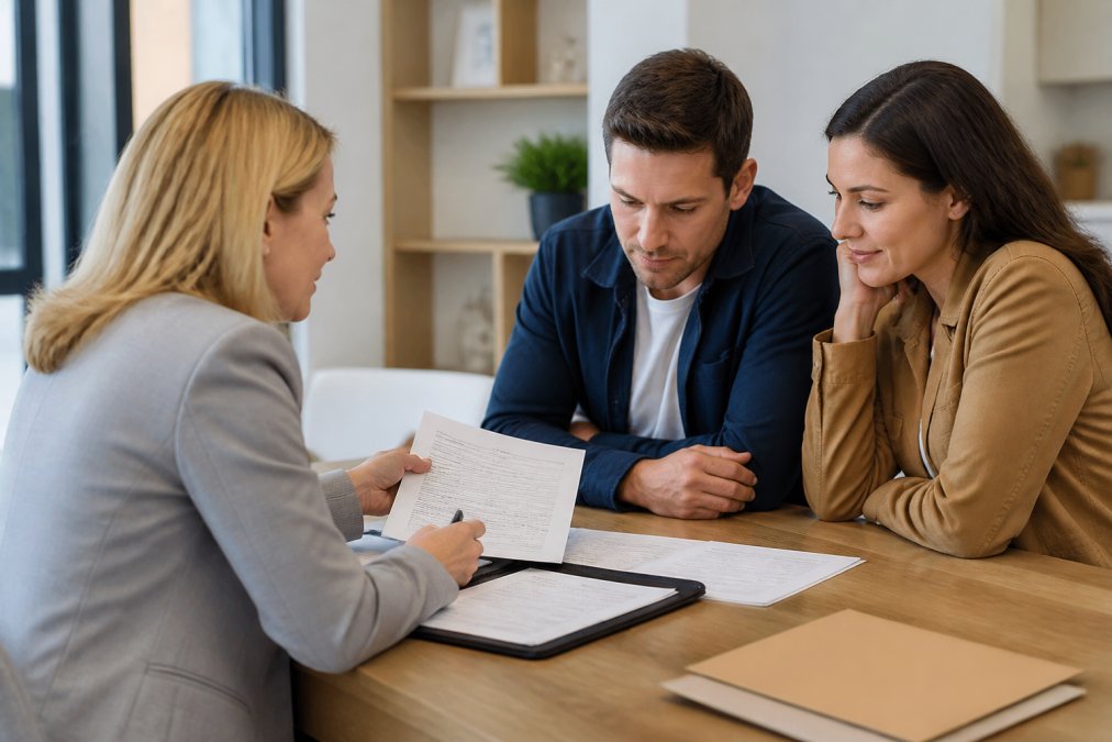 A couple sitting across a desk from a mortgage lender, reviewing loan documents and a pre-approval letter in a well-lit professional office setting