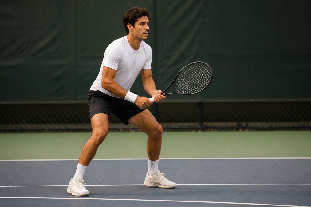 Competitive tennis player in athletic ready position at the baseline during a tiebreak match, showing proper footwork stance with bent knees and alert posture, natural outdoor court lighting