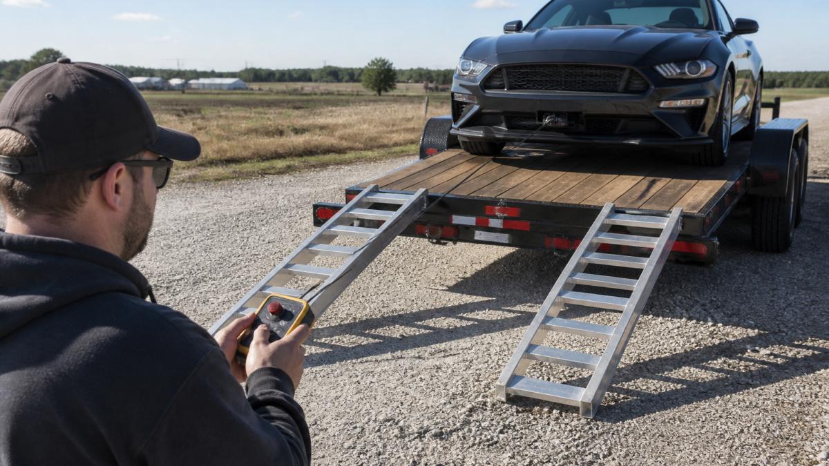 A person operating an electric winch controller while a car is pulled up aluminum trailer ramps onto a flatbed car trailer, winch cable taut and the vehicle centered on the ramps, daylight