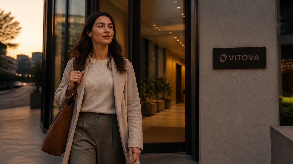 Professional stepping outside their front door at dusk with a calm expression and relaxed shoulders, leaving the office building behind in soft evening light