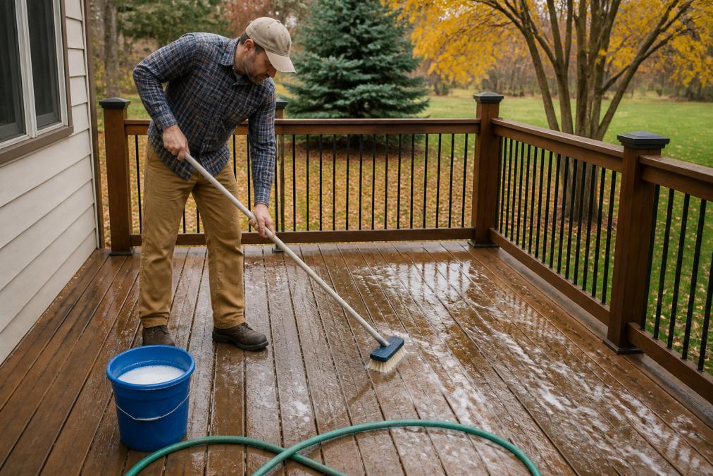 Homeowner scrubbing a wooden deck with soapy water to winterize a deck on a crisp autumn day