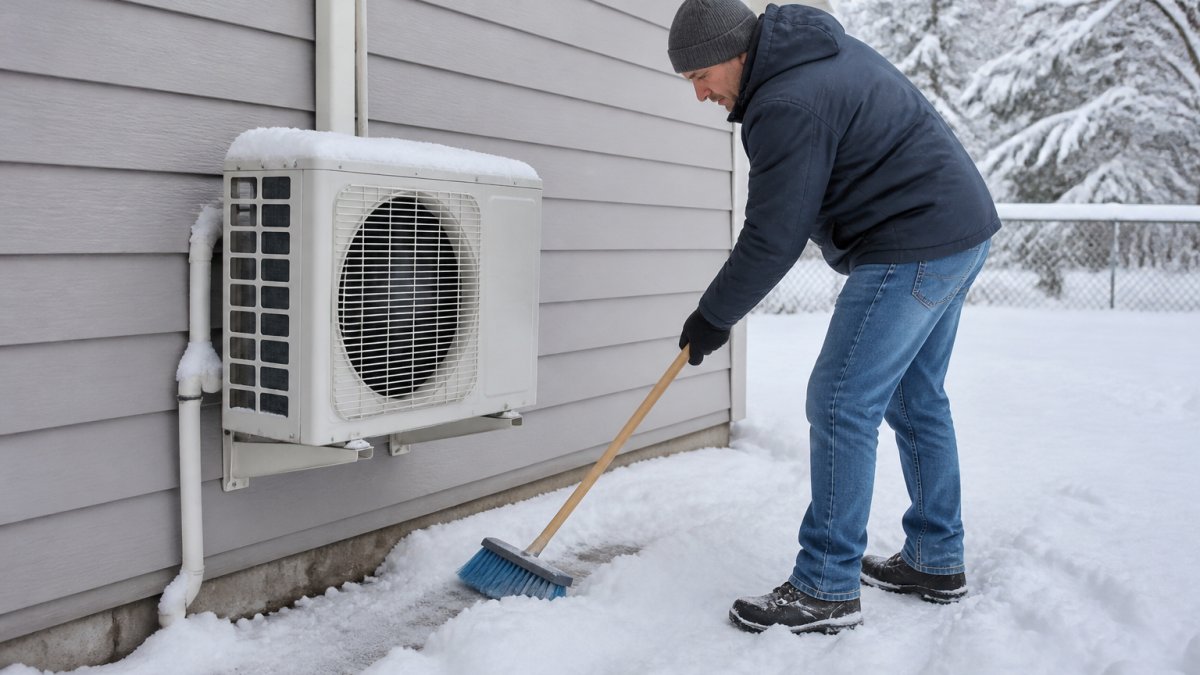 Homeowner using a broom to clear snow around an outdoor mini-split to winterize mini split units properly.