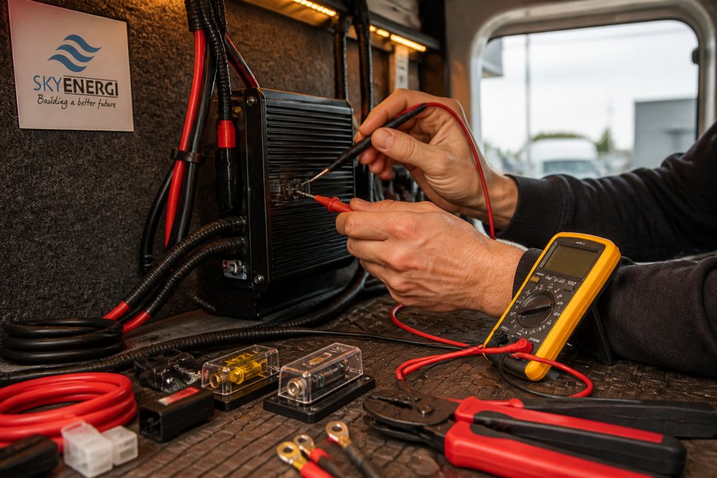 Hands using a multimeter to test voltage on a DC to DC charger terminal inside a campervan workshop.