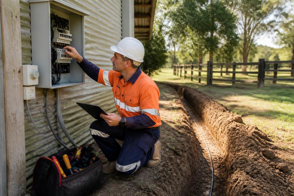 A licensed electrician in safety gear inspecting a rural farm shed's switchboard and surrounding trench line on a sunny day, with tools and a clipboard in hand