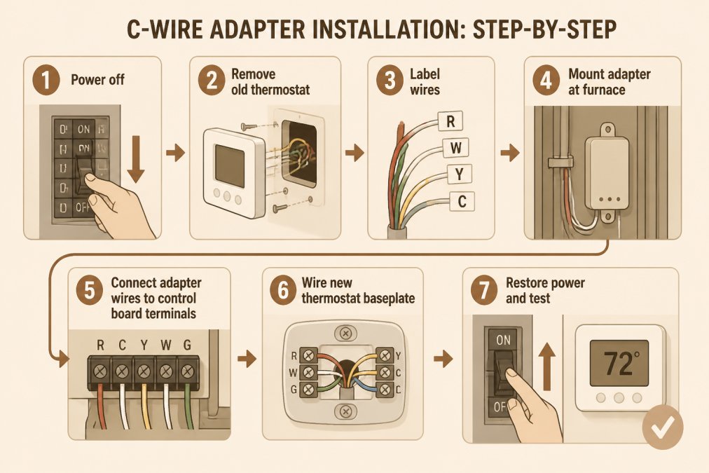 7-step process flowchart for installing a C-wire adapter for smart thermostat wiring at the furnace control board.
