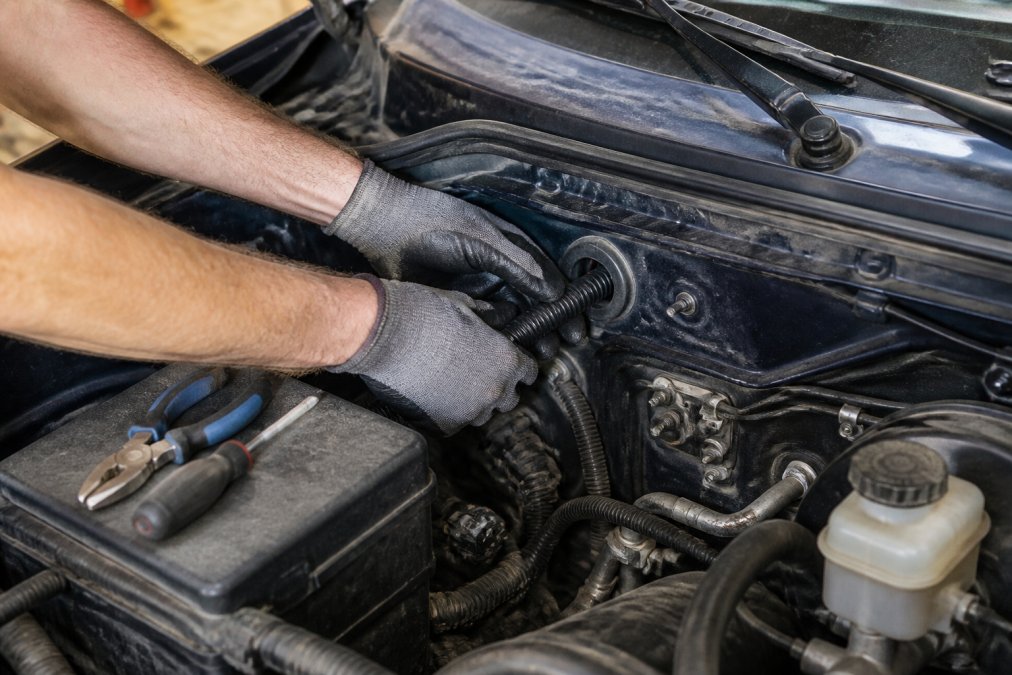 Technician routing a wire loom through a firewall grommet to learn how to wire emergency vehicle lighting safely.