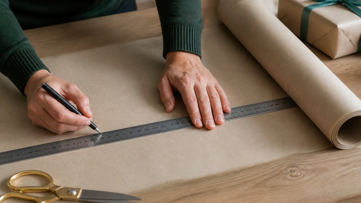 Hands using a ruler to measure and mark dimensions on wrapping paper for a box