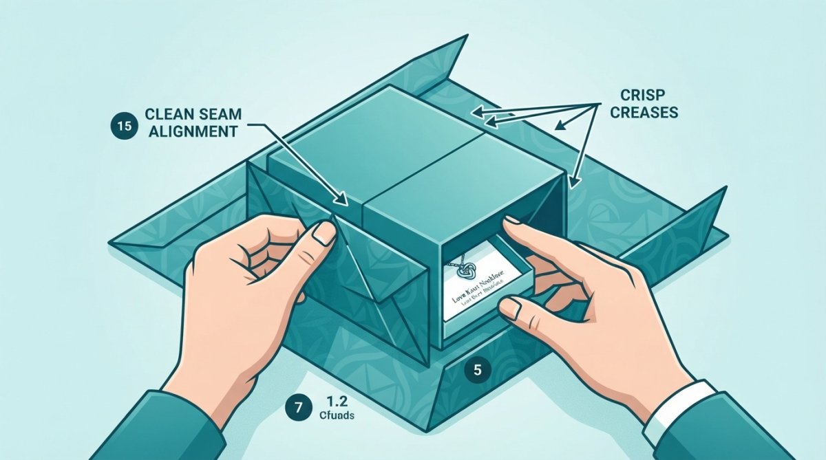 Close-up overhead view of hands folding wrapping paper around a gift box with crisp creases visible and proper seam alignment