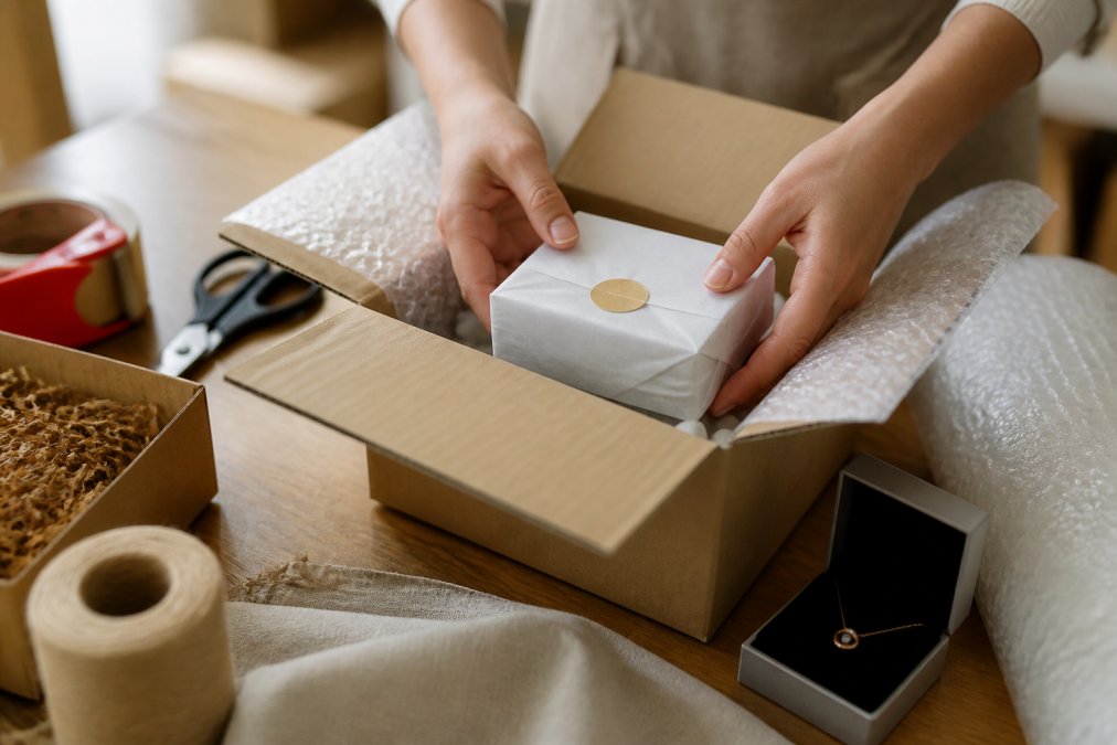 Hands carefully placing a tissue paper-wrapped jewelry box inside a protective shipping box with bubble wrap and padding materials visible around it