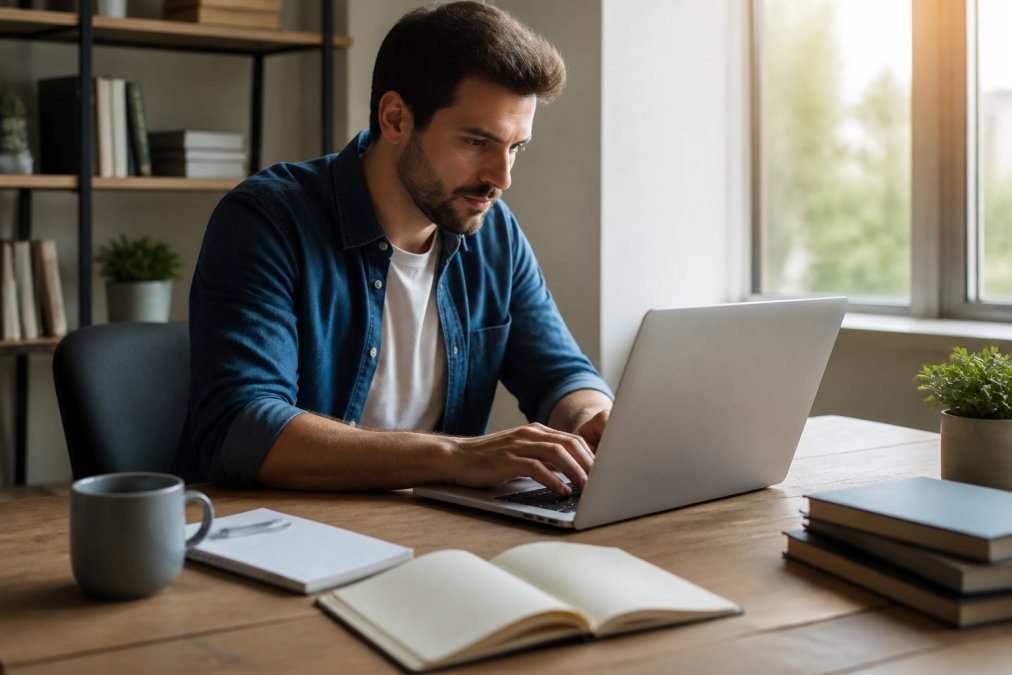 Person sitting at a desk with a laptop, coffee mug, and notebook, focused and typing with determination in a bright, quiet workspace