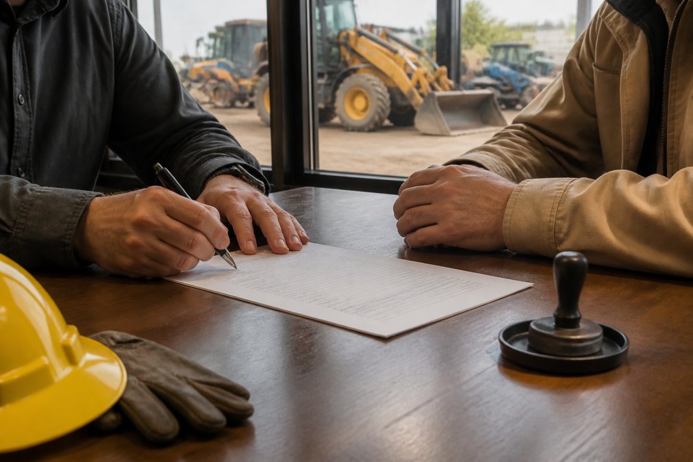 Professional hands signing a bill of sale document at a desk with heavy equipment visible in the background through a window
