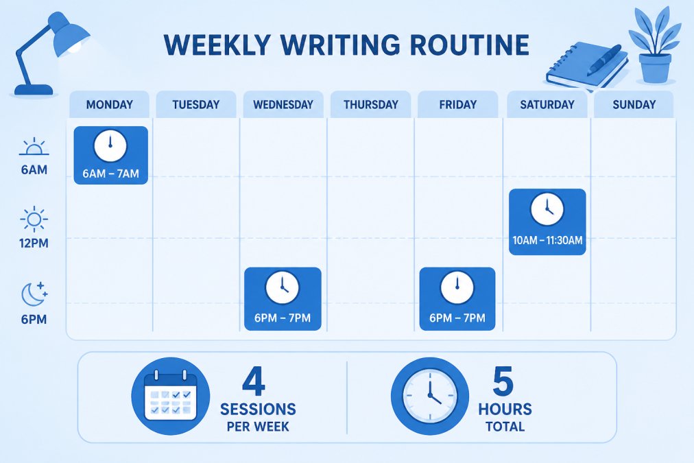 Timeline showing a weekly writing schedule with time blocks: Monday 6am-7am, Wednesday 6pm-7pm, Friday 6pm-7pm, Saturday 10am-11:30am, with frequency notation of 4 sessions per week totalling 5 hours
