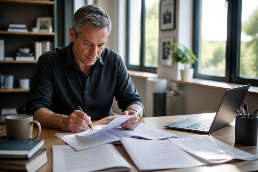 Consultant sitting at a wooden desk with manuscript pages spread out, laptop open, coffee mug nearby, natural sunlight streaming through office window, focused on editing and revising
