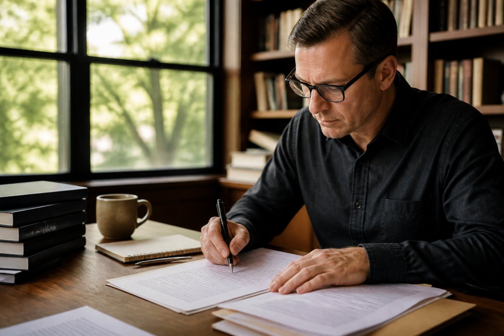 Consultant sitting at desk with manuscript pages, laptop, and coffee, natural light from window, actively writing and editing with focused expression