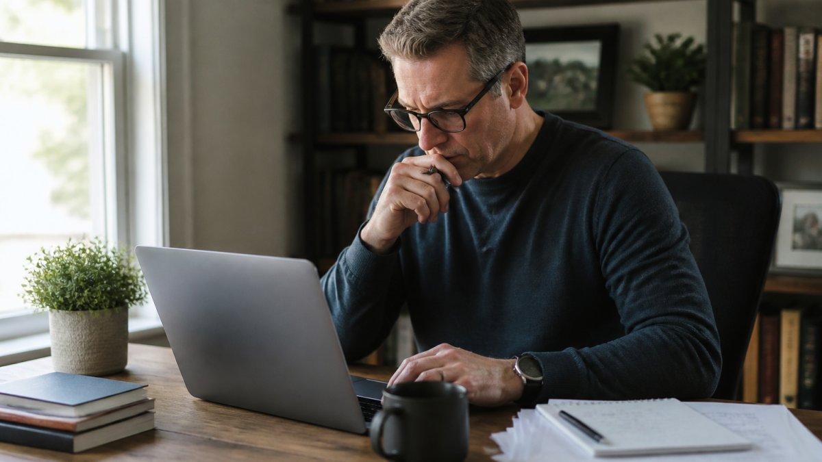 A consultant in a home office early in the morning, laptop open with a manuscript draft, coffee cup and printed client notes on the desk, natural window light