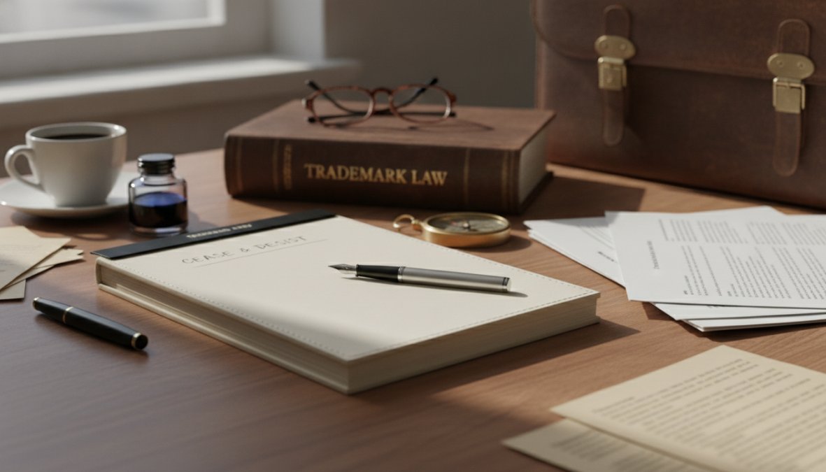 Business professional in a suit seated at a wooden desk, reviewing printed legal documents and trademark registration certificates next to an open laptop, with a notepad and pen in hand, warm office lighting