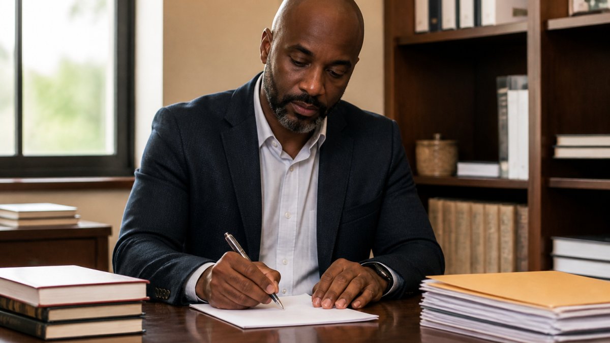 Professional sitting at a desk writing on paper with a pen, showing thoughtful composition and personal workspace