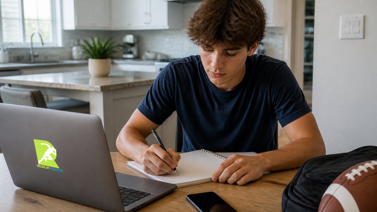 A high school student-athlete sitting at a kitchen table with a laptop, notebook, and phone, carefully drafting an email to a college coach in a bright home setting