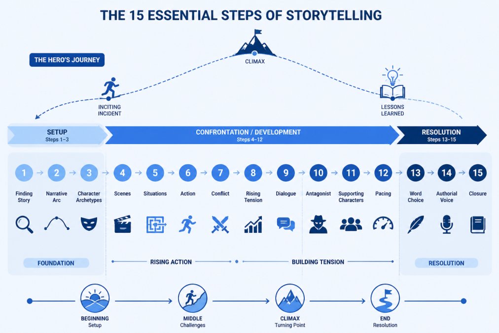 Flowchart showing the 15 sequential storytelling steps arranged in a narrative arc: Steps 1-3 (finding story, narrative arc, character archetypes) leading to rising action, Steps 4-9 (scenes, action, dialogue) forming the middle, Steps 10-12 (antagonist, supporting characters, pacing) building tension, Steps 13-15 (word choice, voice, closure) forming resolution and tied-up story ends, with the hero's journey arc overlaid showing inciting incident, climax, and lessons learned