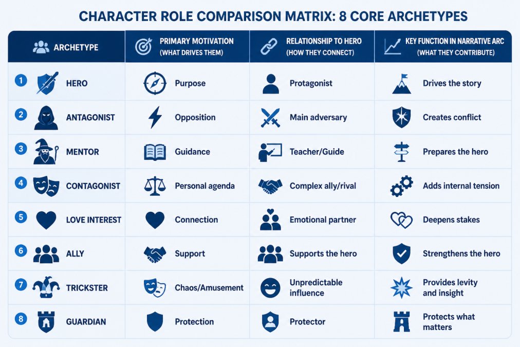Character role comparison matrix showing the 8 core archetypes (Hero, Antagonist, Mentor, Contagonist, Love Interest, Ally, Trickster, Guardian) with columns for primary motivation (what drives them), relationship to hero (how they connect), and key function in narrative arc (what they contribute to the story)