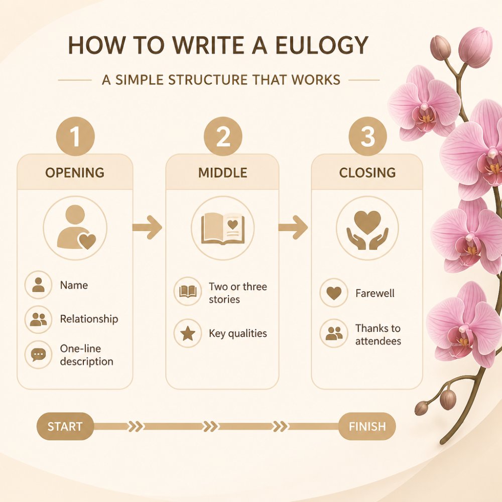 Flowchart outlining how to write a eulogy using a three-part structure of opening, stories, and final farewell.
