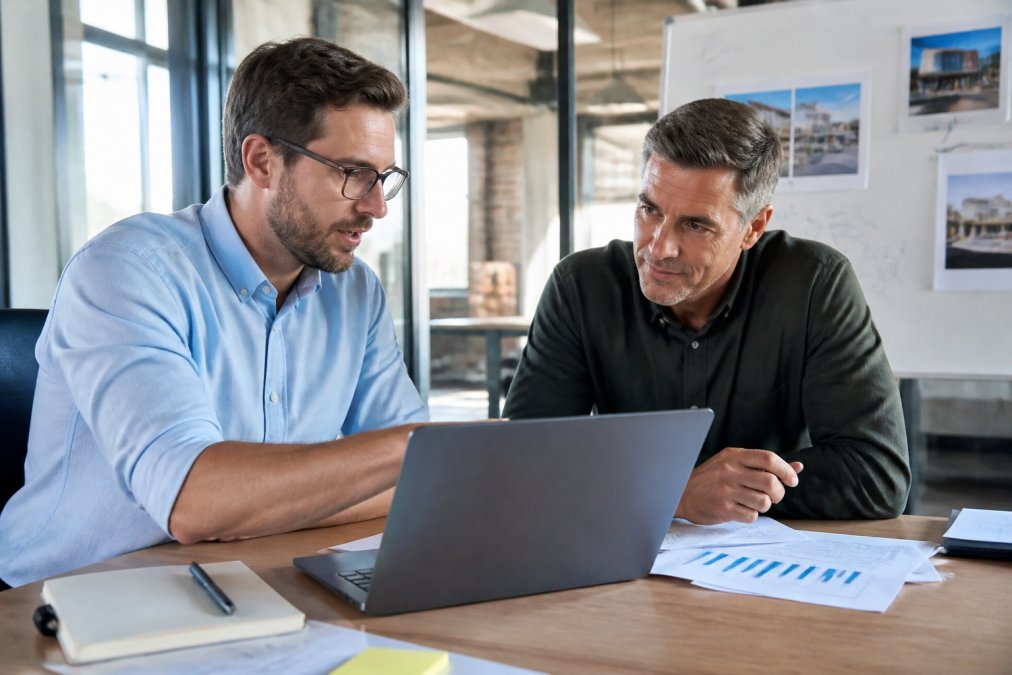 Consultant and owner reviewing demographic maps for a feasibility study for an FEC on a laptop in a modern office