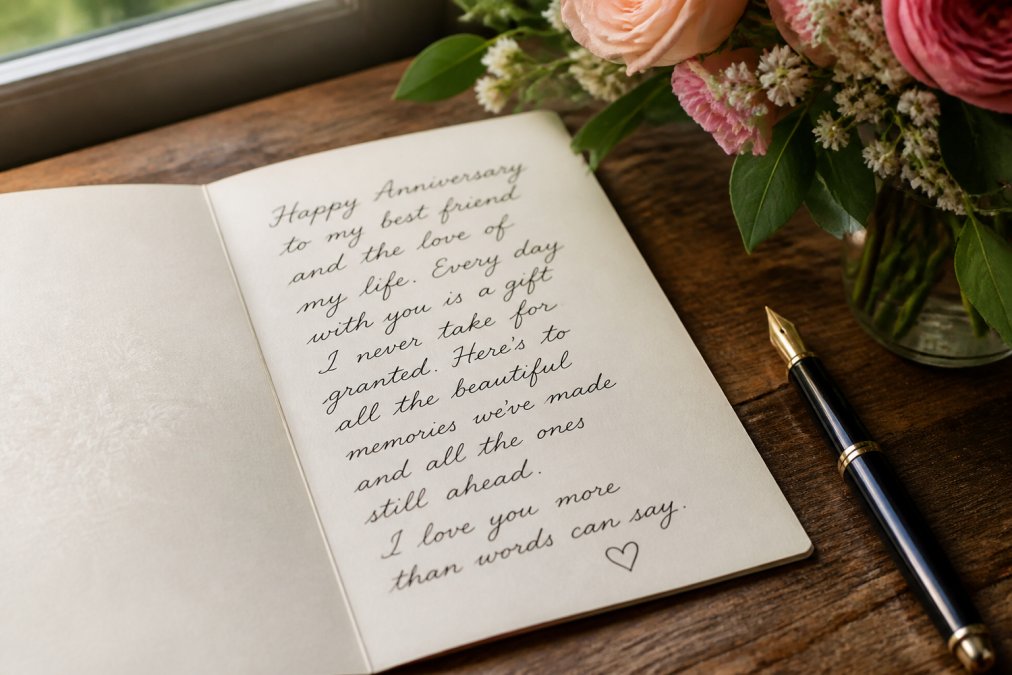 Close-up of a handwritten anniversary card with cursive writing on cream cardstock, resting on a wooden desk next to a fountain pen, fresh flowers in soft natural window light