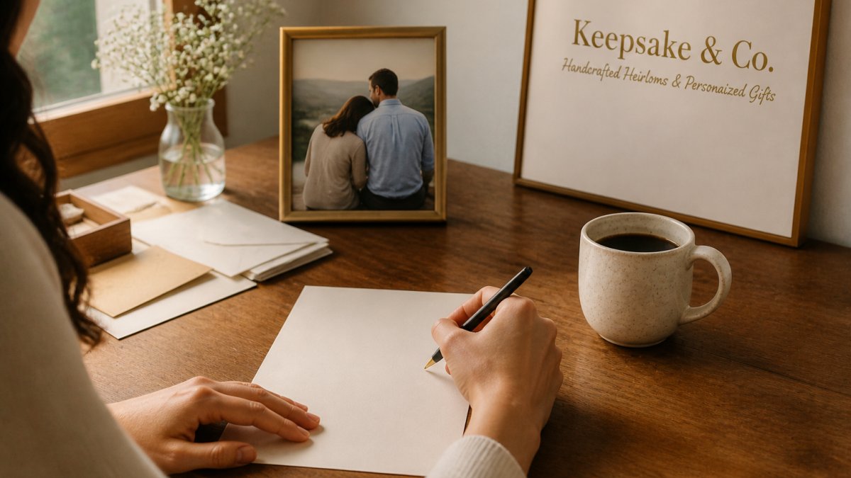 A person sitting at a wooden desk with a pen and a blank piece of stationery, a framed photo of a couple nearby and a cup of coffee, warm natural light coming through a window