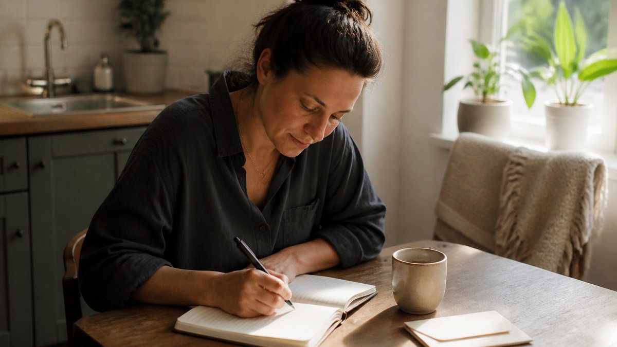 A woman in her thirties sitting at a kitchen table with a pen and a lined journal, writing a letter by warm afternoon light, with a mug of coffee and a folded piece of stationery beside her