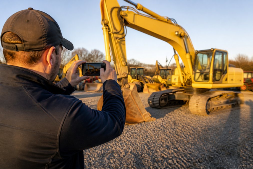 A seller photographing a yellow excavator with a smartphone in a gravel equipment yard, late afternoon sunlight, other machines blurred in the background