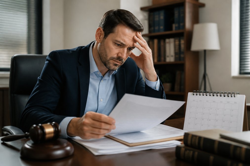 Person sitting at desk reviewing court documents with calendar and legal papers visible, concerned expression on face