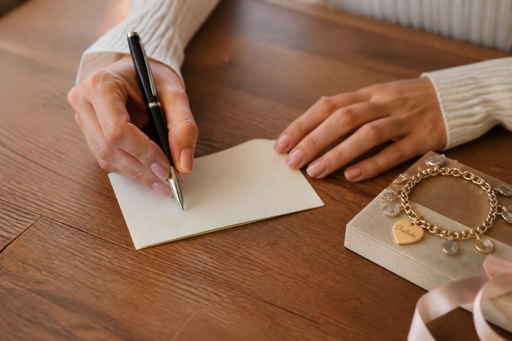 Hands holding a pen over a handwritten note on a table with warm natural lighting, a personalized charm bracelet or jewelry piece visible nearby