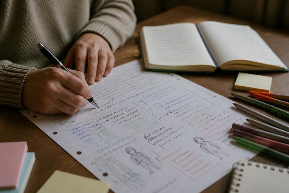 Close-up of hands writing notes and sketches on paper with colored pens, showing story outline and character notes scattered on desk