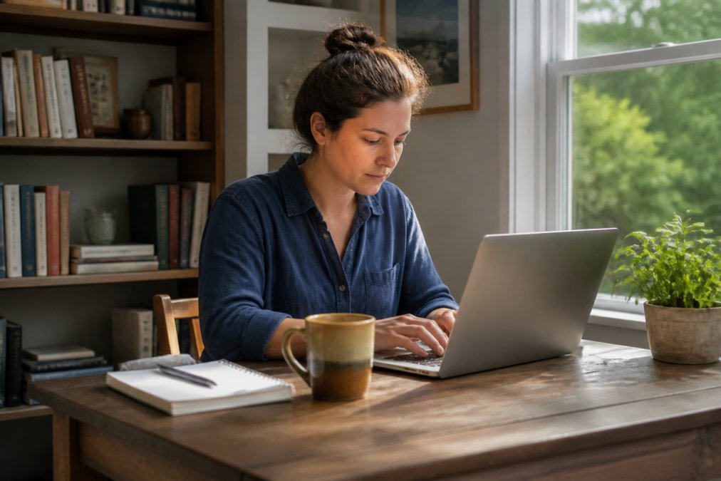 Person sitting at a desk with a laptop, coffee mug, and notebook, typing with focused expression and natural daylight from a window