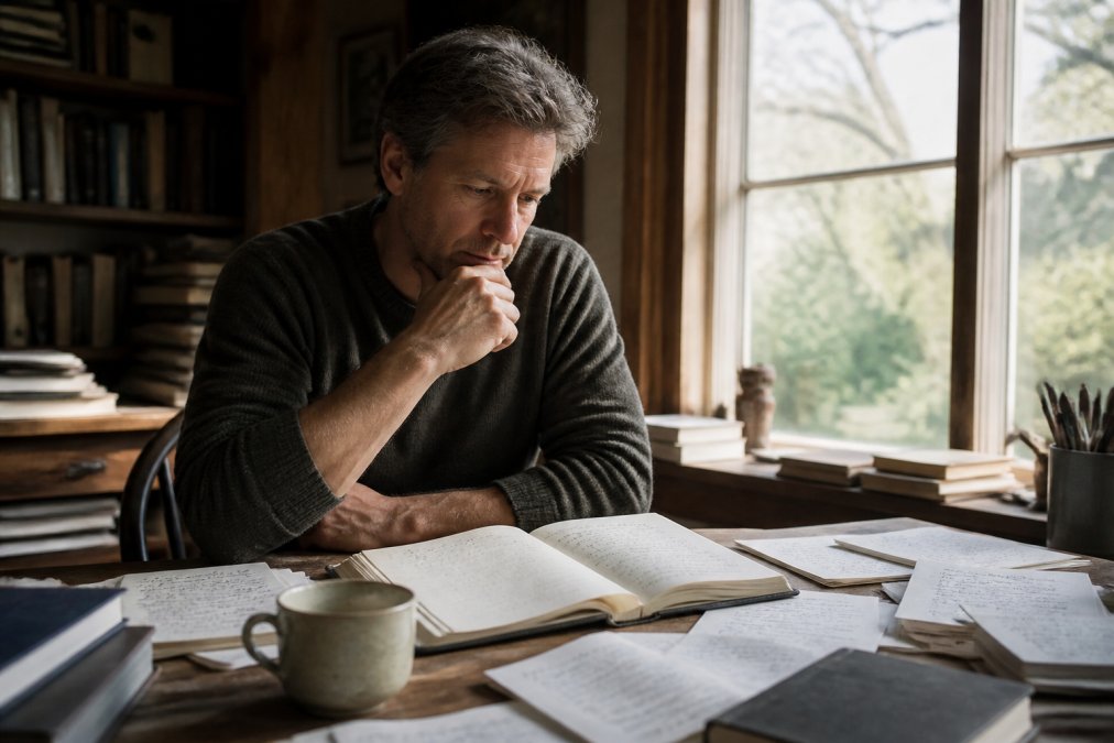 Author sitting at desk with notebook and coffee, handwritten notes visible on pages scattered around, natural window light streaming across workspace, contemplative expression while reviewing manuscript