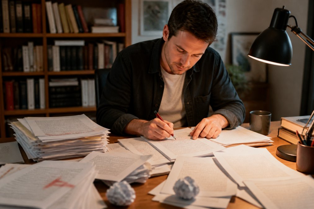 Writer at desk reviewing manuscript pages with red pen in hand, multiple drafts and notes scattered across workspace, focused concentration on editing work with natural desk lamp lighting