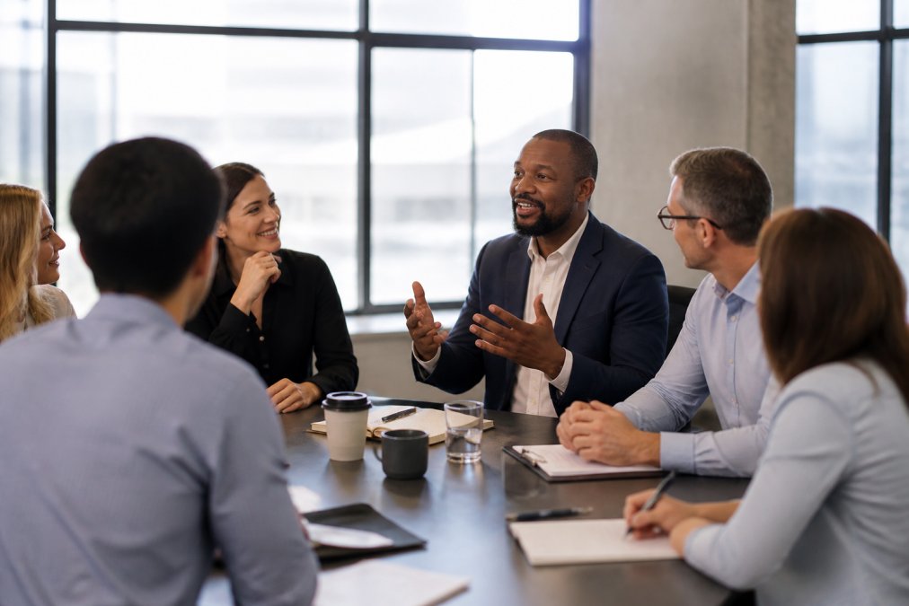 Diverse team of professionals gathered around a conference table, smiling and engaged in conversation, with one person speaking while others listen attentively