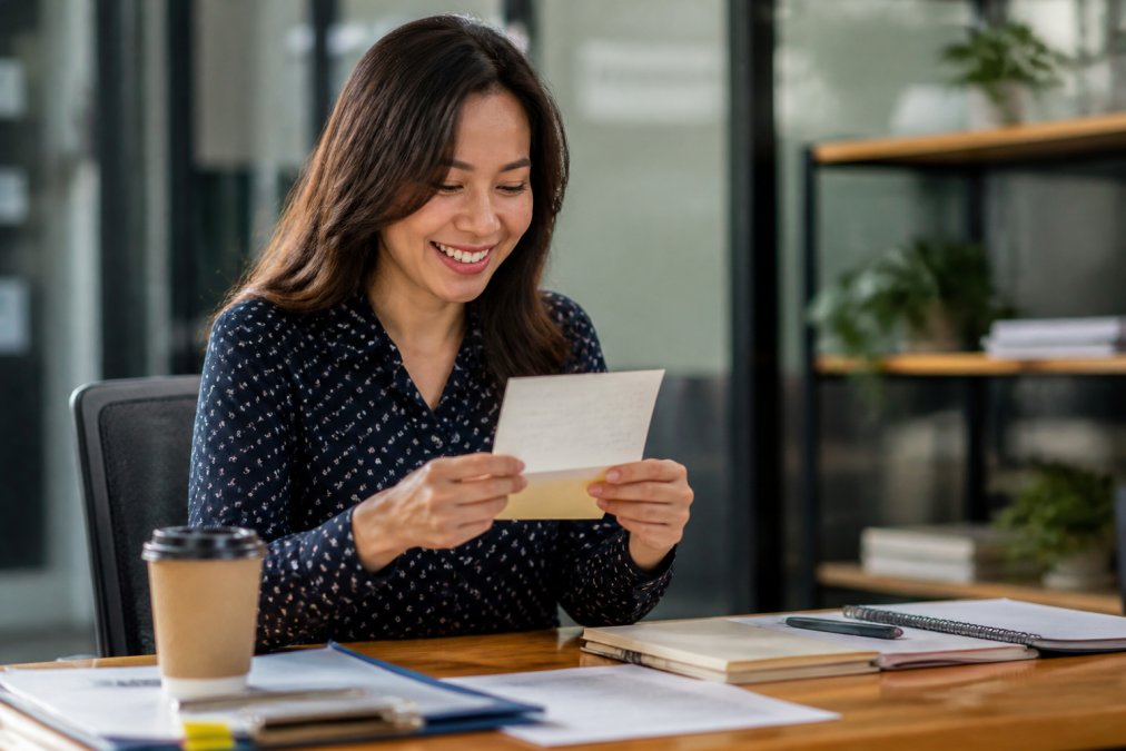 Close-up of an employee reading a handwritten appreciation note at their desk, with a genuine smile, surrounded by work materials and a coffee cup